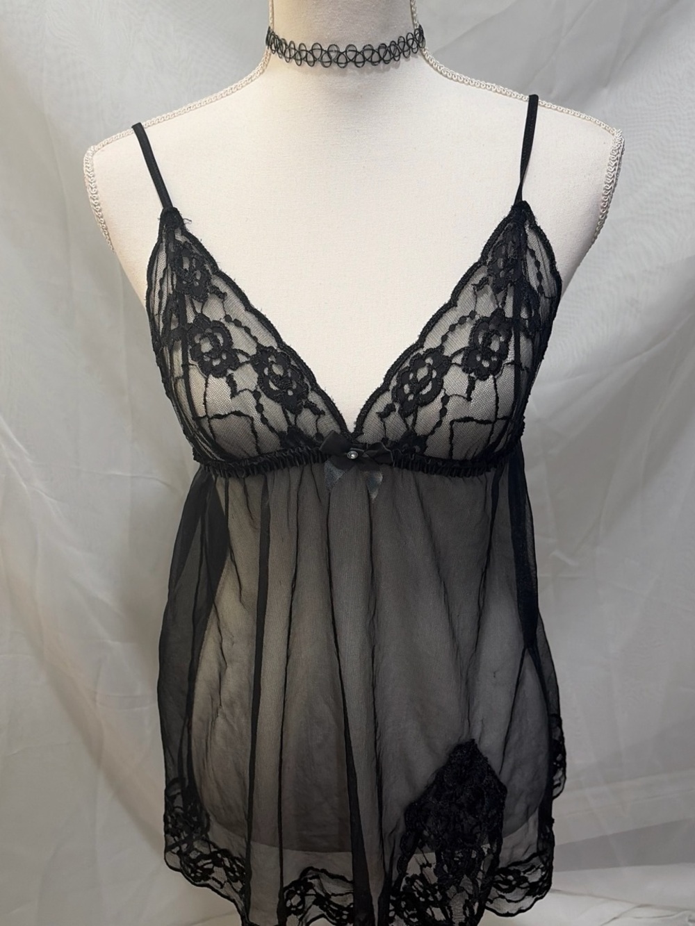 Frederick's of Hollywood Black Sheer Lace Babydoll Chemise